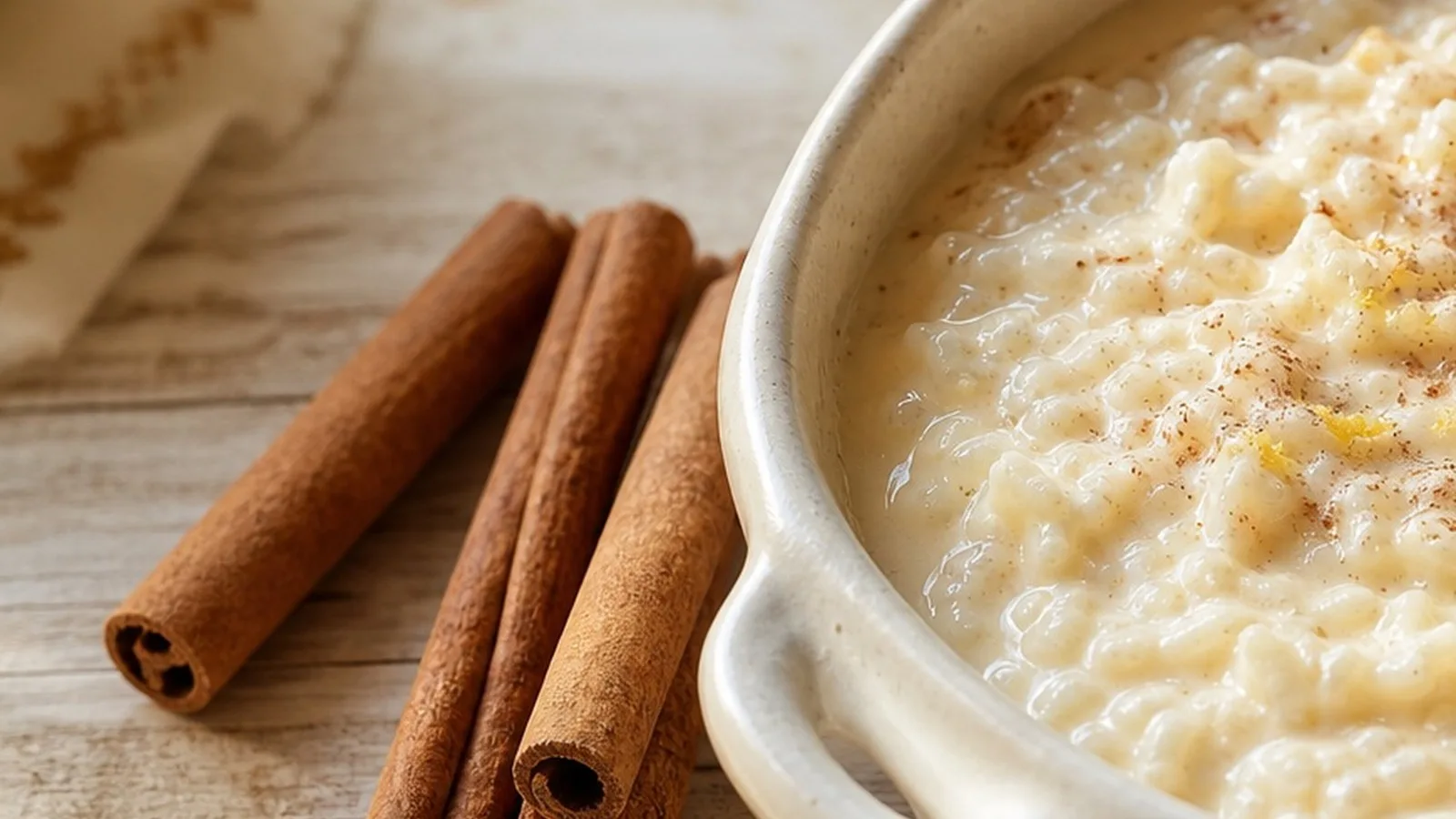 Arroz cocinándose con canela en una cazuela antes de agregar las leches