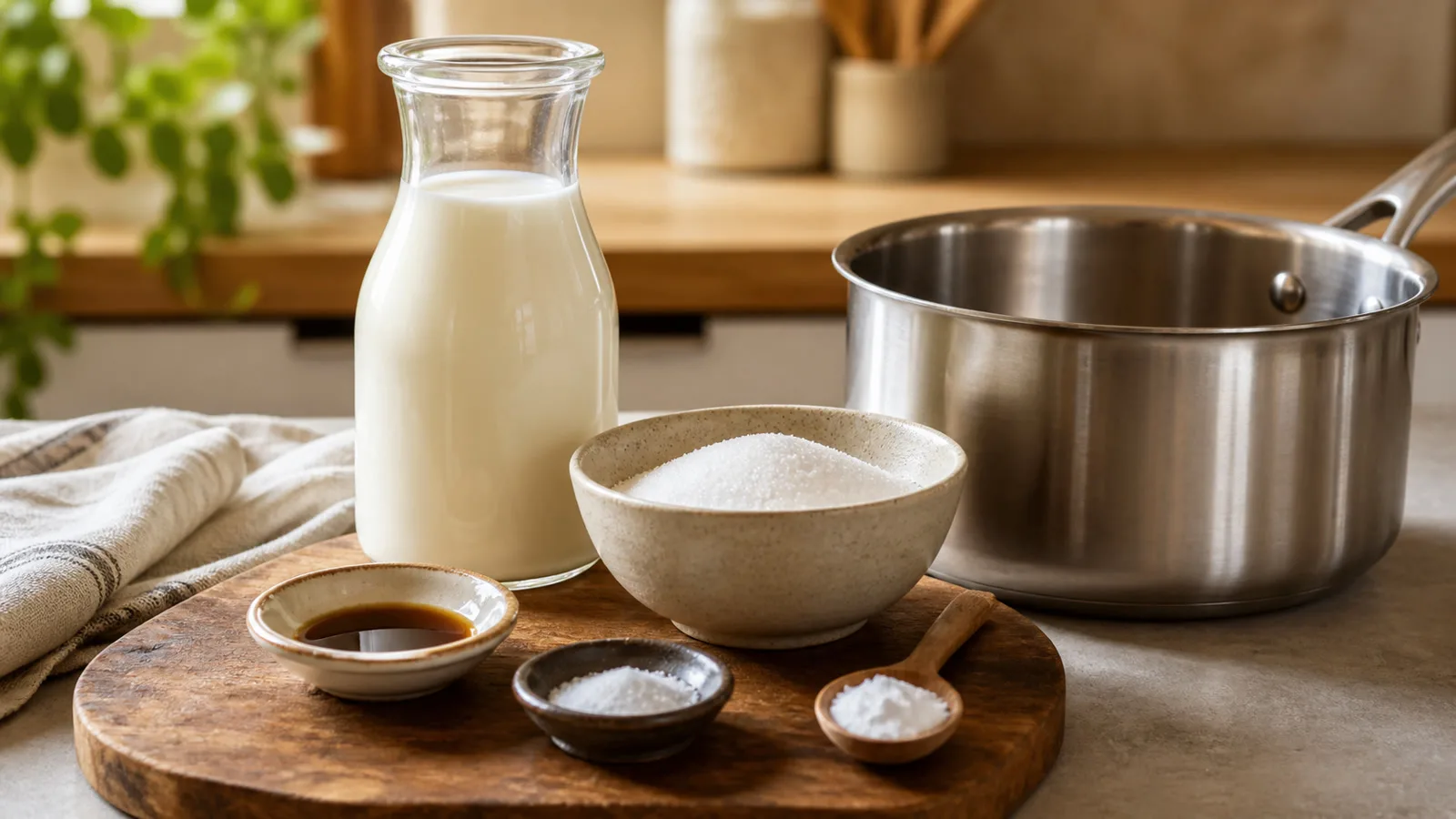 Ingredientes para dulce de leche casero con leche, azucar, vainilla, bicarbonato y olla