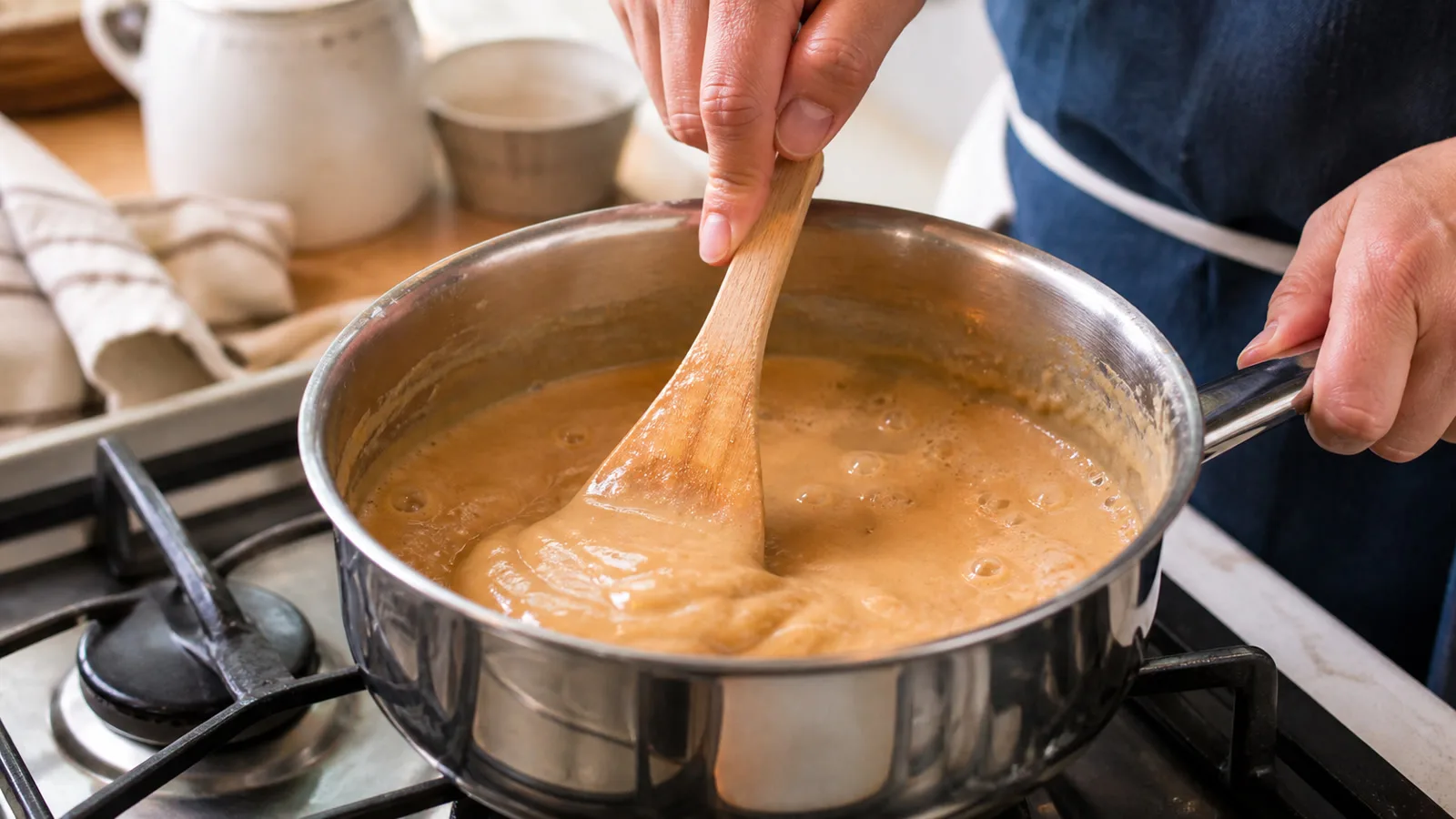 Manos moviendo dulce de leche casero en una olla mientras espesa