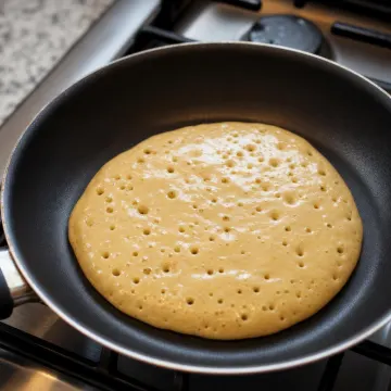 Panqueque cocinándose en sartén con burbujas en la superficie