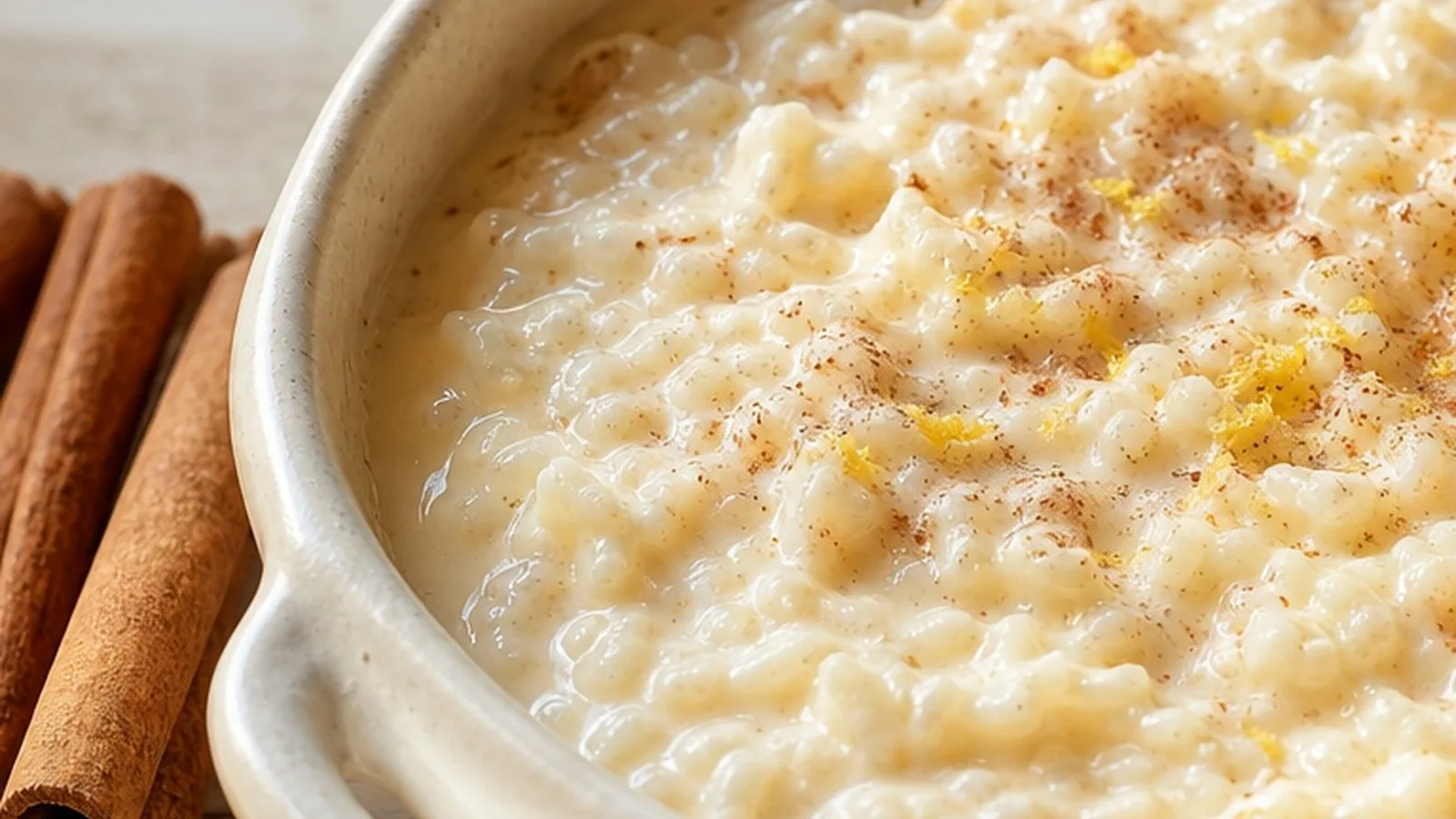 Mezcla de leches integrándose con arroz cocido para formar un postre cremoso