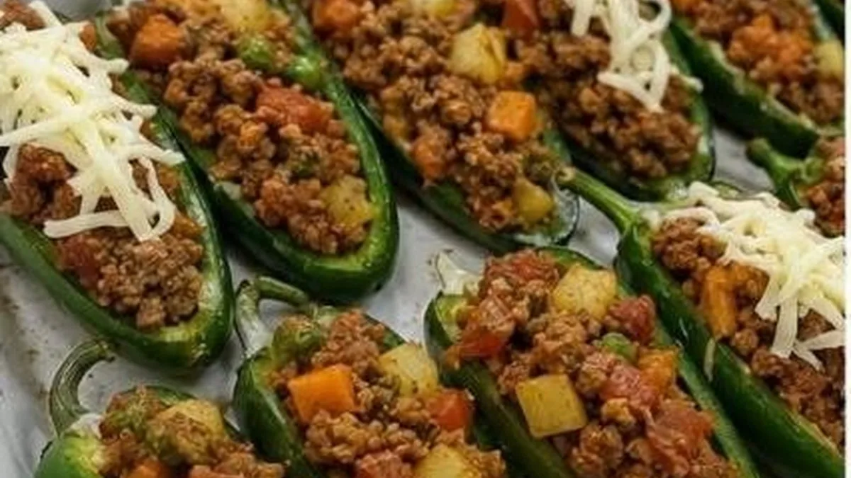 Chiles jalapenos rellenos de picadillo con queso antes de gratinar
