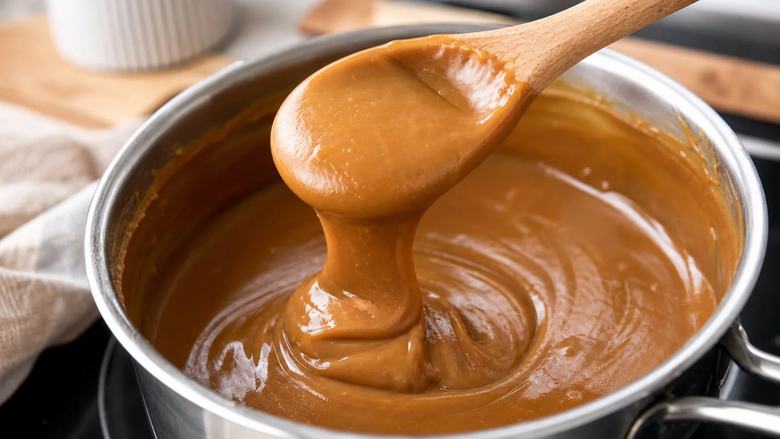 Dulce de leche espeso y brillante cayendo en cinta desde una cuchara