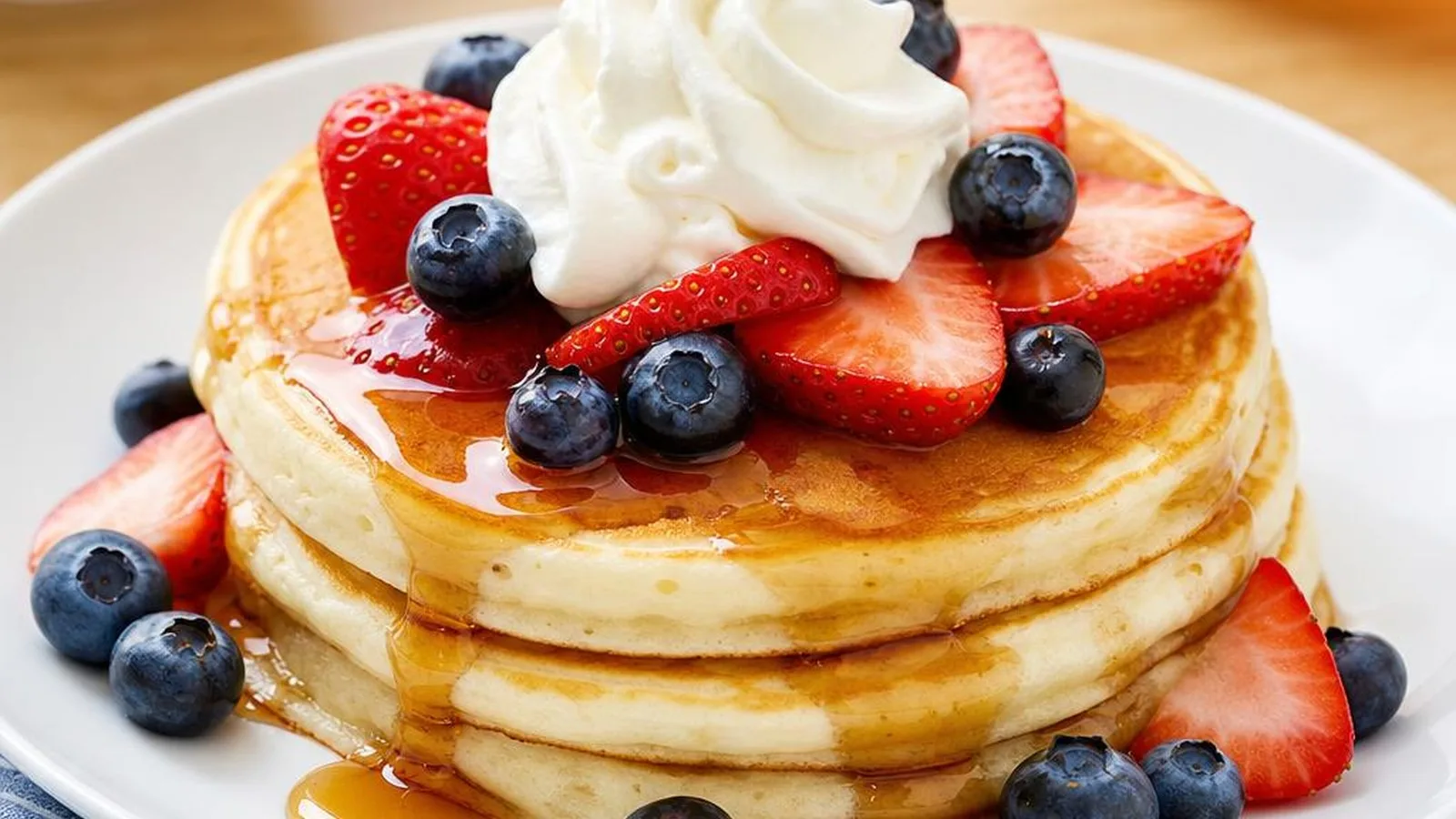Panqueques servidos con miel, frutas frescas y crema batida