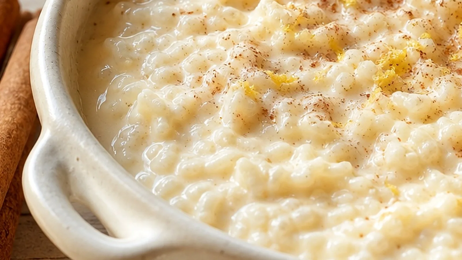 Cucharada de arroz con tres leches mostrando textura cremosa con canela encima