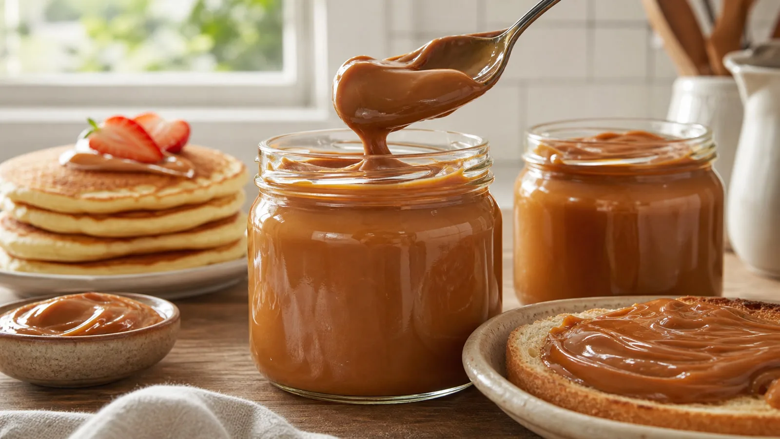 Dulce de leche casero servido en frascos con pan y panqueques