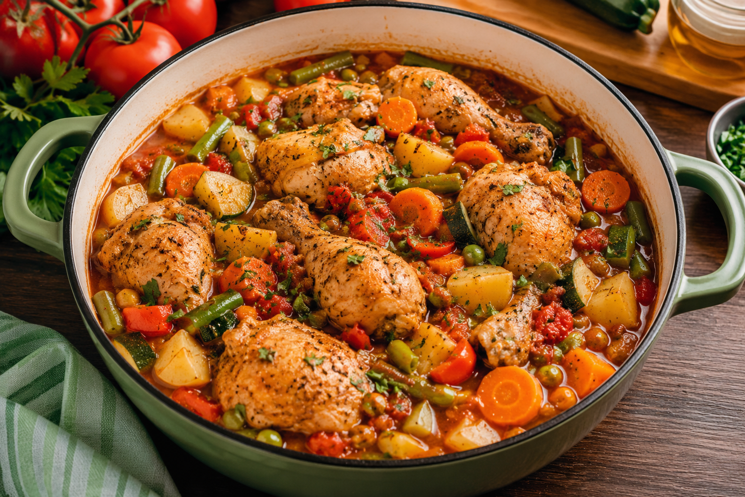 Pollo guisado con verduras caseras, preparado con zanahorias, papas, ejotes y calabacitas en salsa de tomate, ideal para comidas de toda la semana.