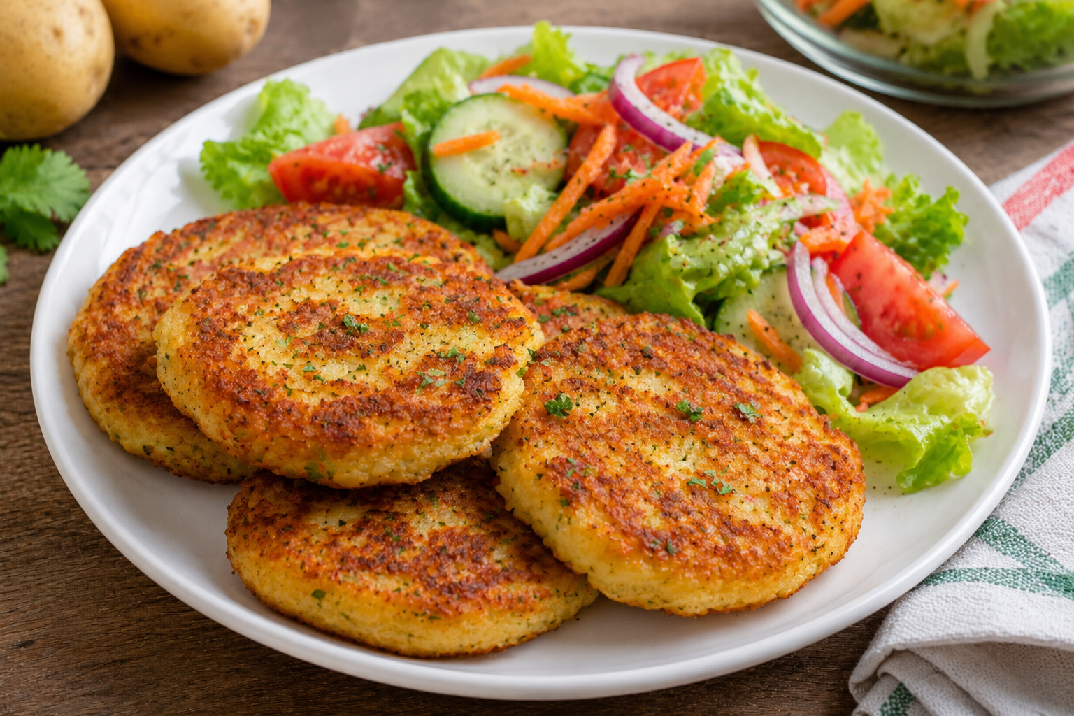 Tortitas de papa económicas acompañadas de ensalada fresca de verduras, una receta casera fácil, rendidora y perfecta para una comida saludable de bajo costo.
