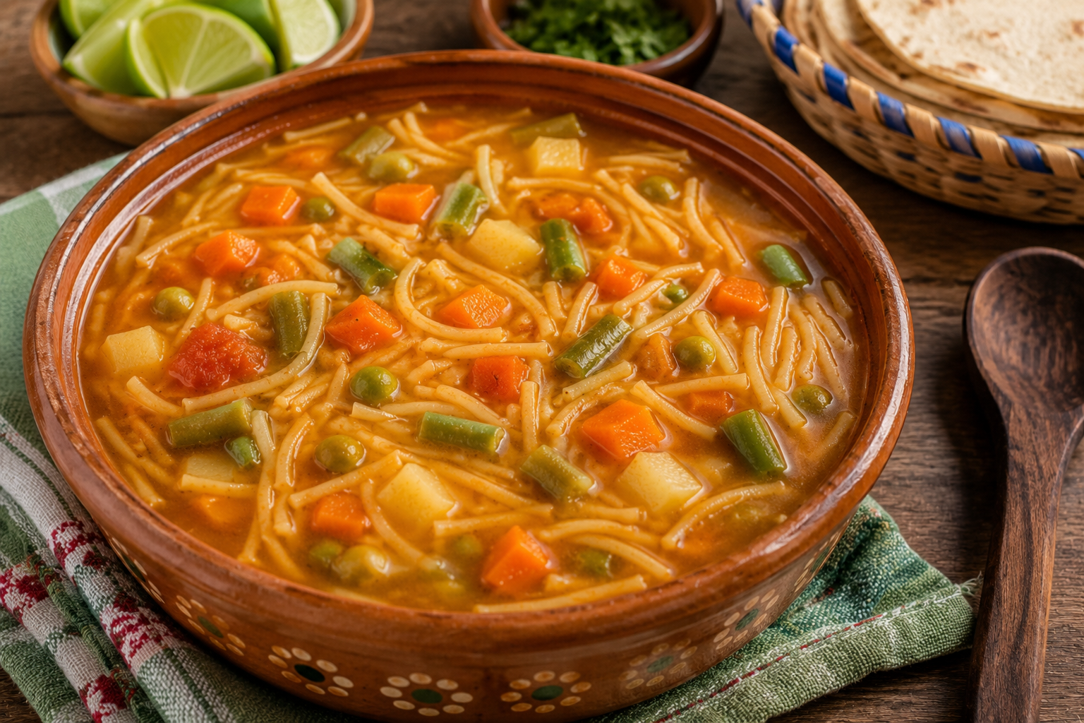 Sopa de fideo con verduras casera, elaborada con fideo dorado, zanahorias, papas, chícharos y ejotes en caldo de tomate, una receta mexicana económica, nutritiva y reconfortante para toda la familia.