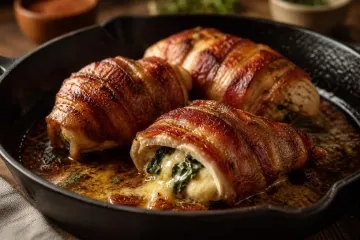 Pechugas rellenas envueltas en tocino dorándose en sartén