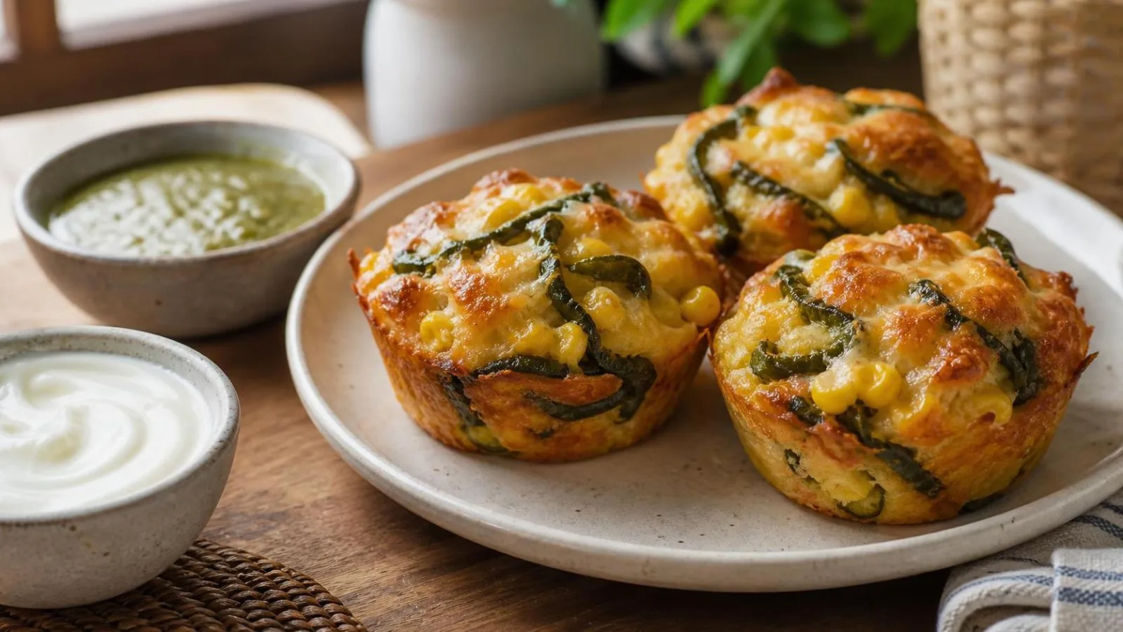 Pastelitos salados de elote con rajas y queso servidos en mesa casera
