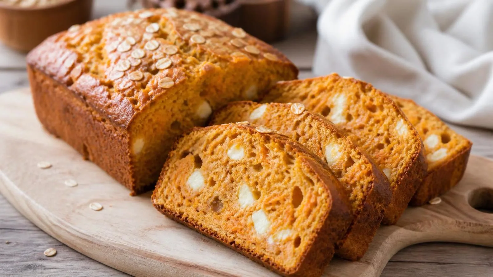 Panque salado de zanahoria con queso y avena rebanado en mesa casera
