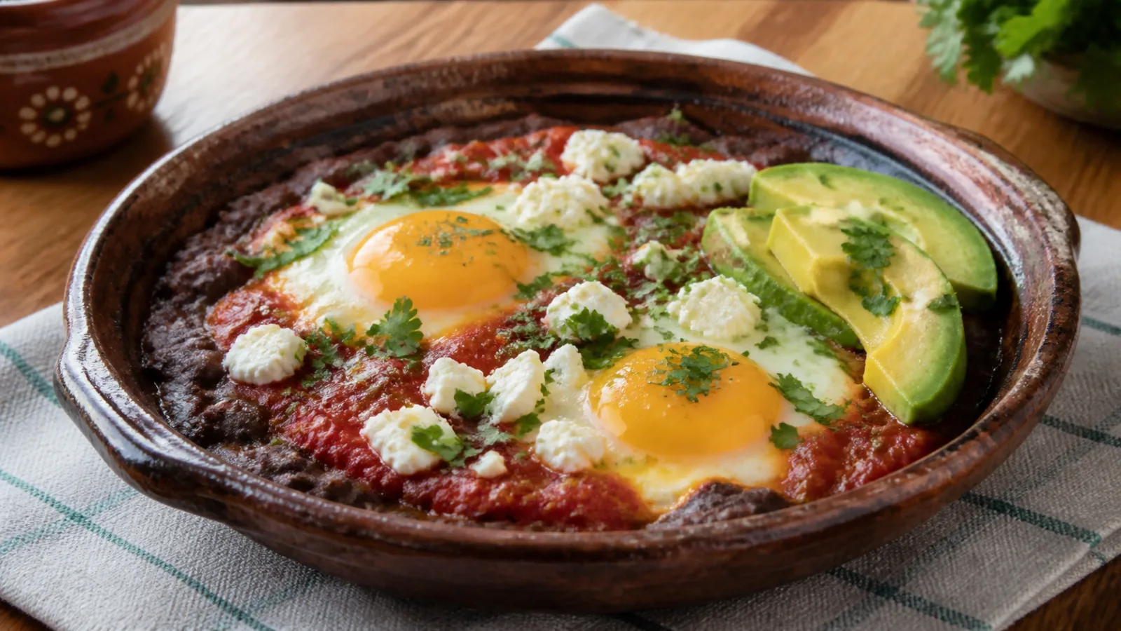 Cazuelita de frijoles con huevo en salsa roja servida con queso fresco y aguacate