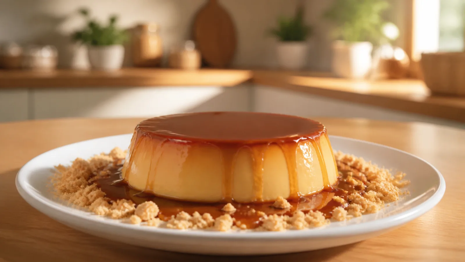 Flan de galleta Maria en licuadora sin horno servido con caramelo