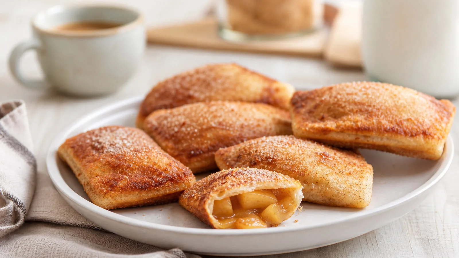 Empanaditas dulces de pan de caja con relleno de manzana y canela servidas en plato de desayuno