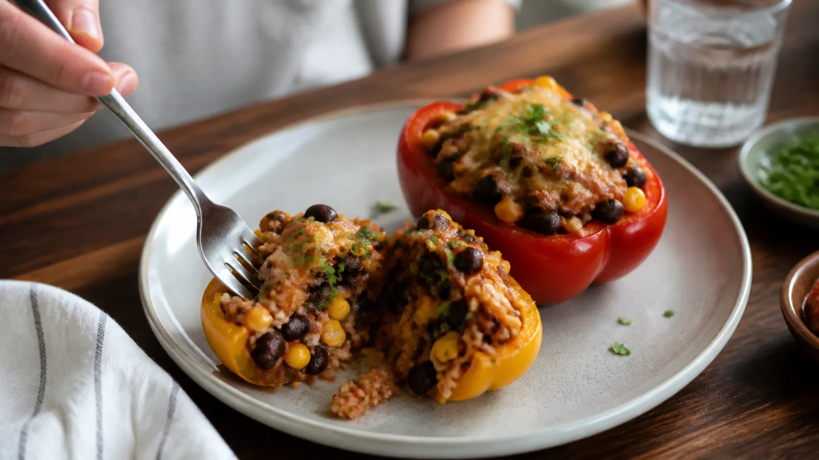 Pimientos rellenos de frijoles negros y arroz integral servidos con salsa ligera y limon