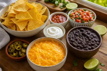 Ingredientes para preparar nachos caseros con queso, jalapeños, salsa y totopos