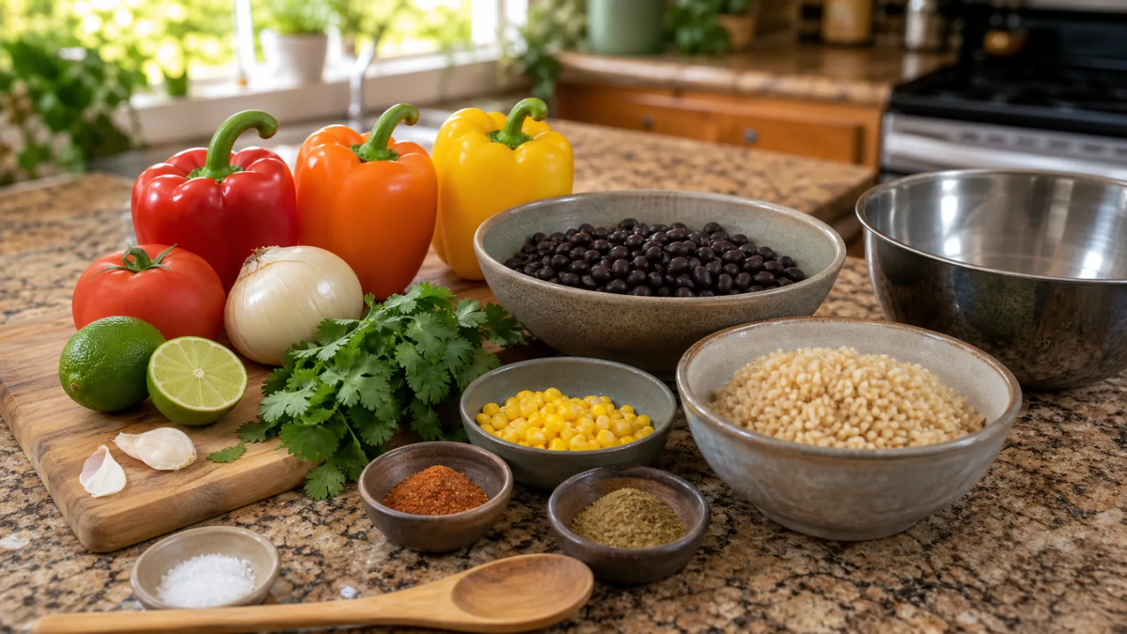 Ingredientes para pimientos rellenos con frijoles negros arroz integral verduras limon y cilantro
