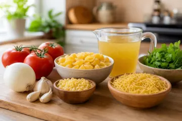 Ingredientes para preparar sopa de pasta casera con tomate, pasta, cebolla, ajo y cilantro
