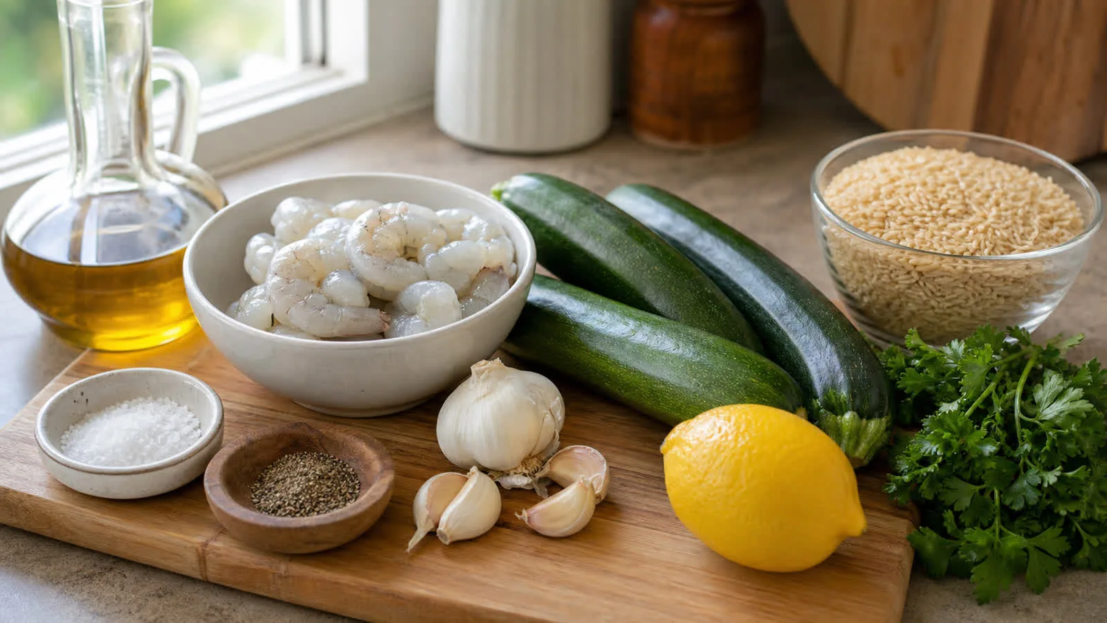 Ingredientes para camarones al ajillo ligero con calabacitas y arroz integral