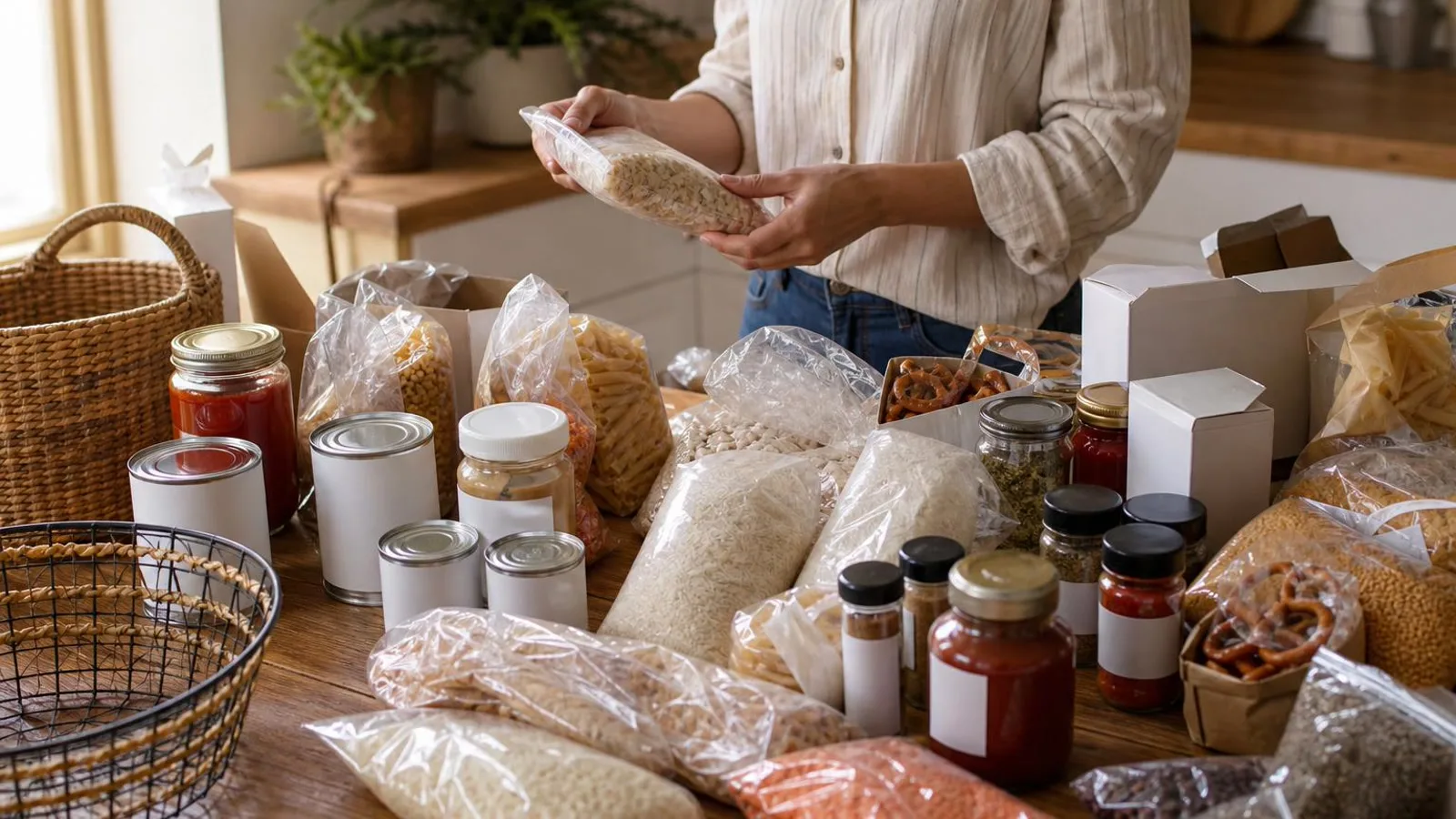 Alimentos de alacena sobre mesa antes de organizar por categorias
