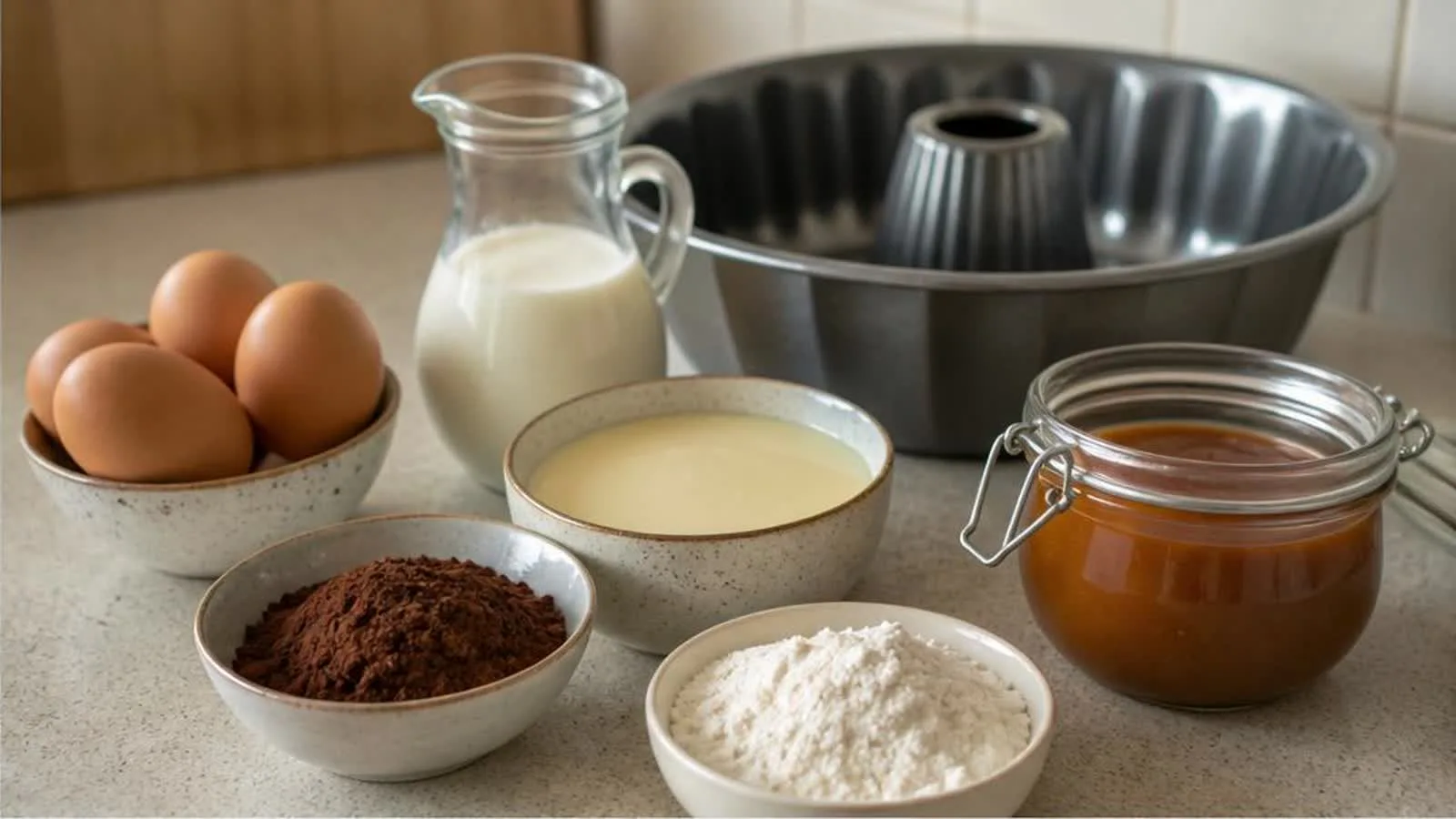 Ingredientes para preparar chocoflan casero con molde de rosca