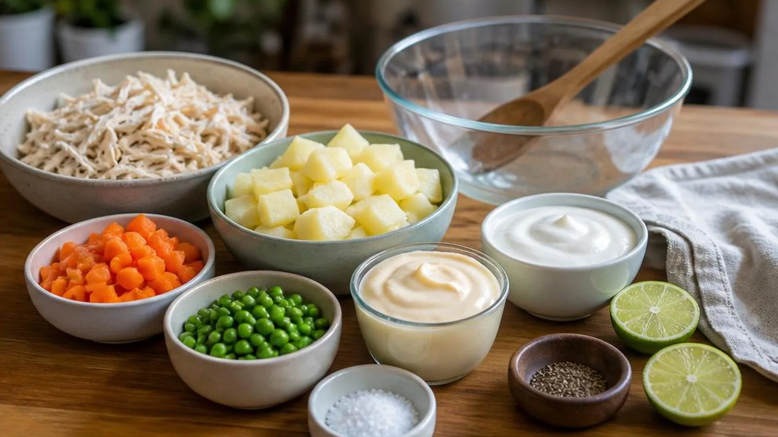 Ingredientes para ensalada de pollo fria: pollo desmenuzado, papa, zanahoria, chicharos, yogurt, mayonesa, mostaza y limon