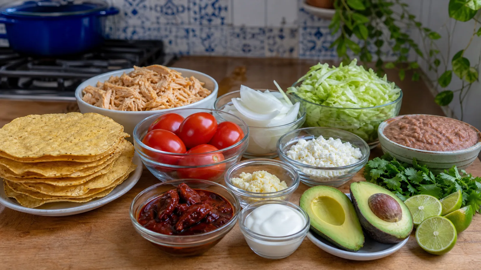Ingredientes para tostadas de tinga de pollo con chipotle, pollo, tostadas, jitomate, cebolla, frijoles, crema, queso y aguacate