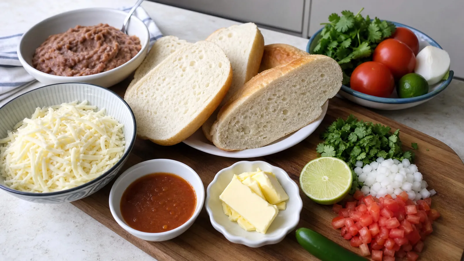Ingredientes para molletes caseros con bolillo, frijoles, queso, jitomate, cebolla, cilantro, chile y limon