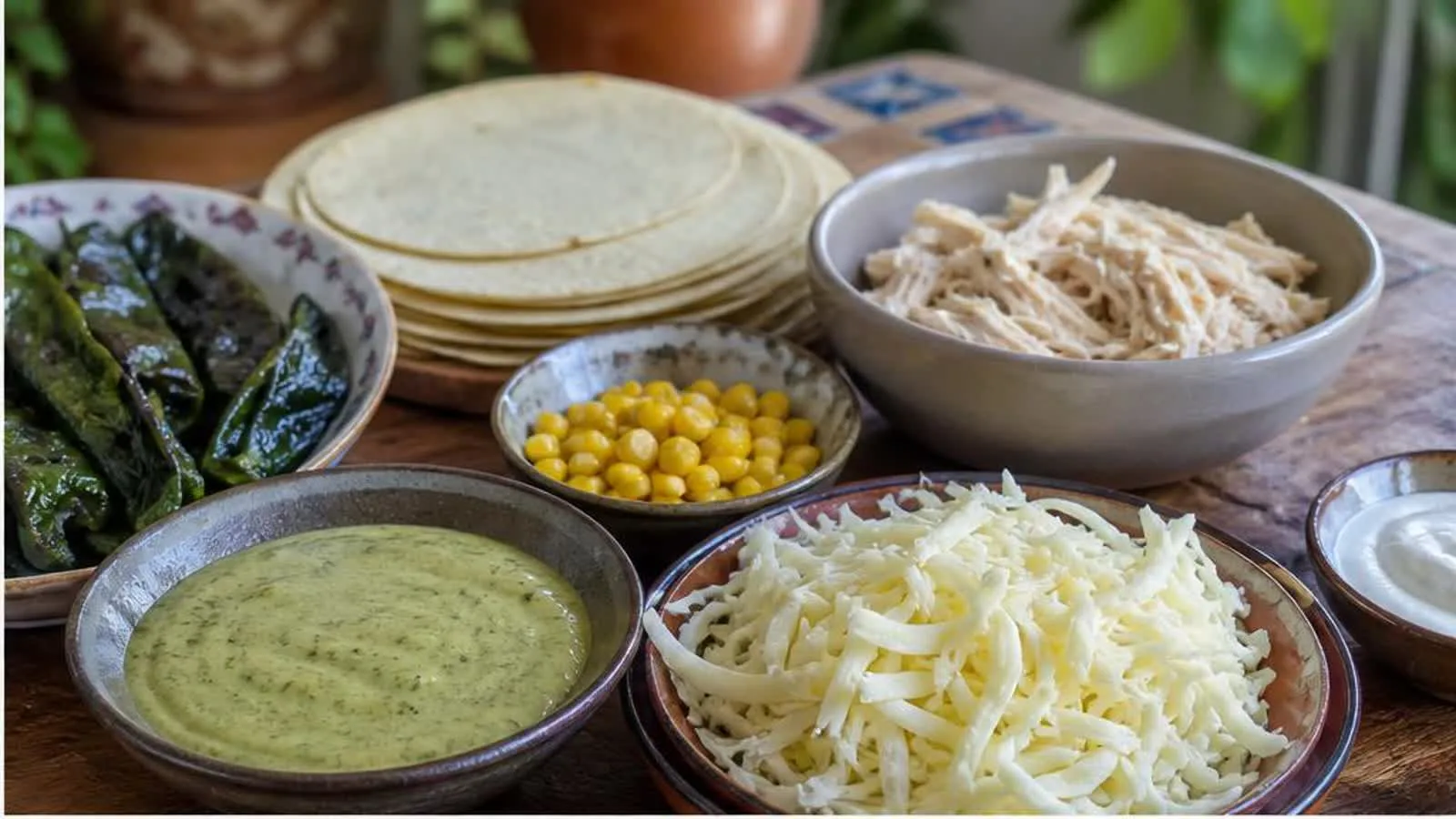 Ingredientes para pastel azteca de poblano con tortillas, pollo, elote, chiles y queso