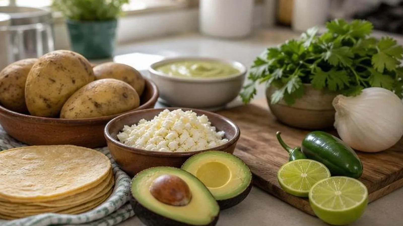 Ingredientes para tacos dorados de papa con tortillas, papa cocida, aguacate, limon, cilantro y queso