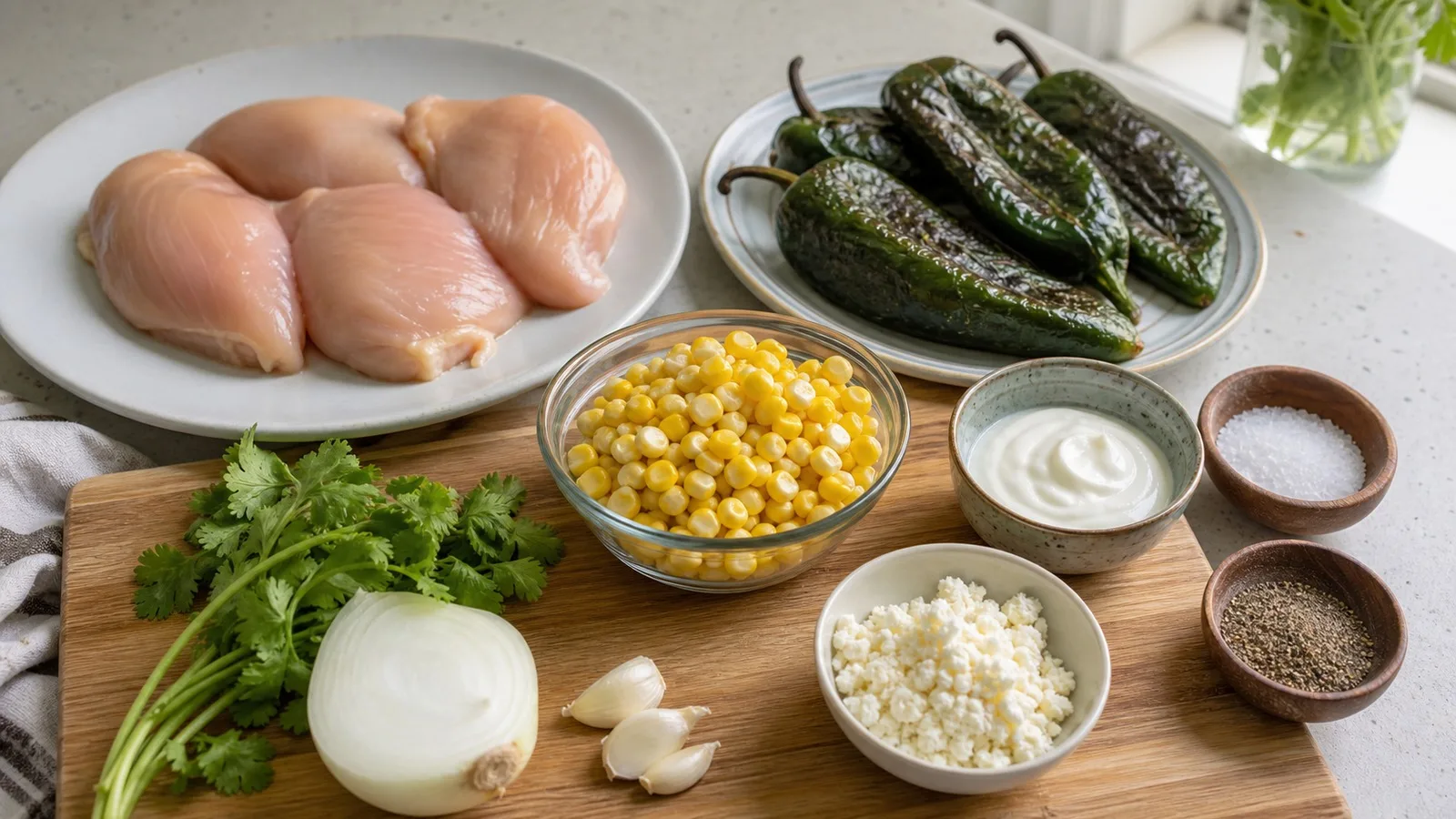 Ingredientes para pollo cremoso con rajas poblanas, elote, crema, cebolla, ajo y queso fresco