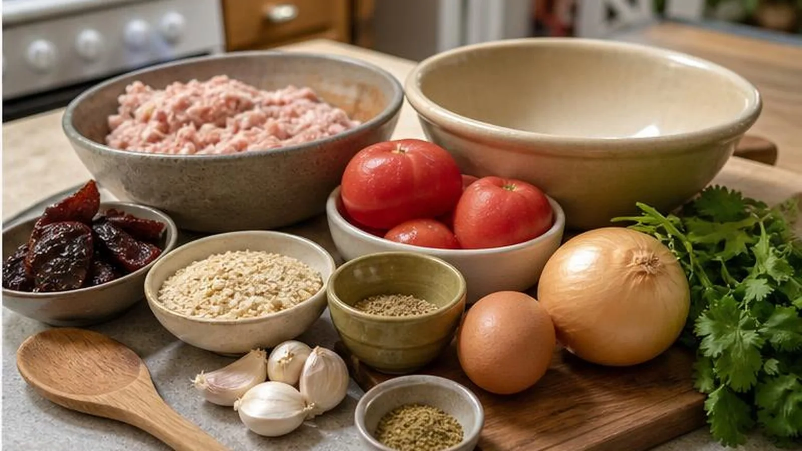 Ingredientes para albondigas de pollo con jitomate, chipotle, cebolla, ajo, huevo, pan molido y cilantro