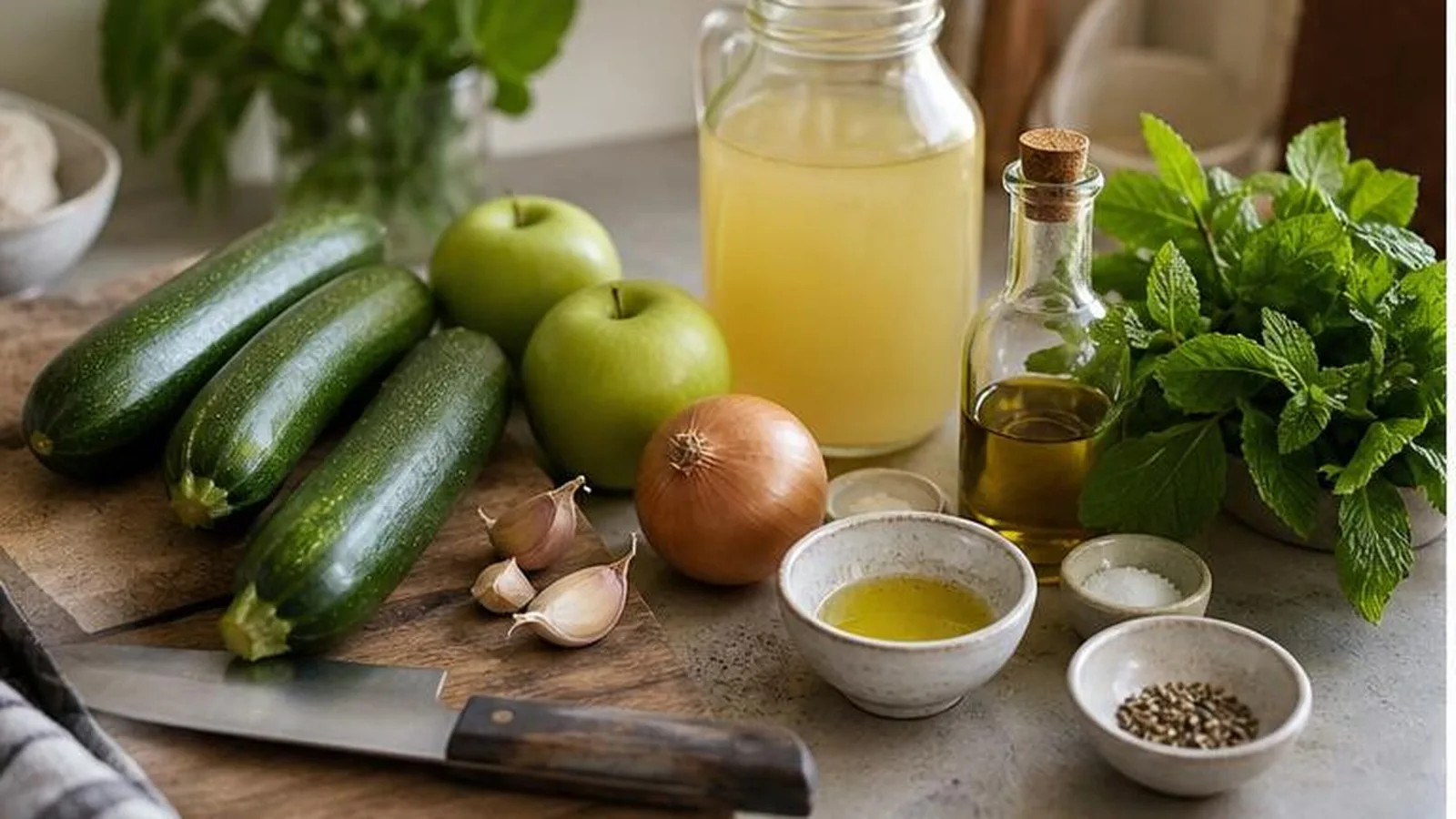 Ingredientes para crema de calabacin y manzana con menta fresca, cebolla, ajo y caldo de verduras