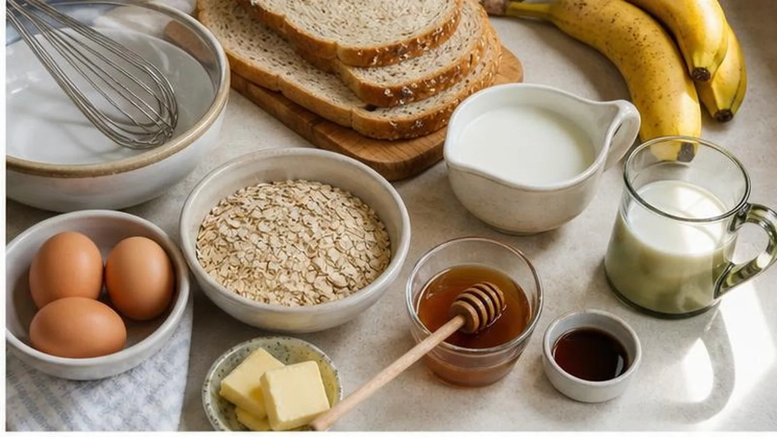 Ingredientes para tostadas francesas de avena con platano y canela acomodados en una cocina casera