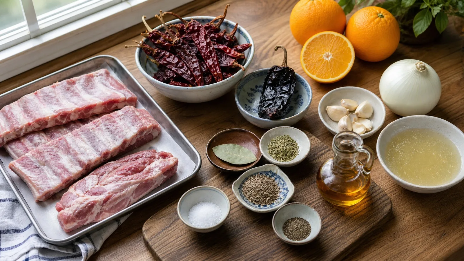 Ingredientes para costillas en salsa de guajillo y naranja acomodados en cocina casera