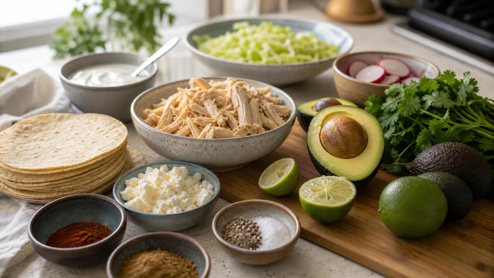 Ingredientes para flautas de pollo al horno con aguacate, tortillas, pollo deshebrado, cilantro, limon y queso