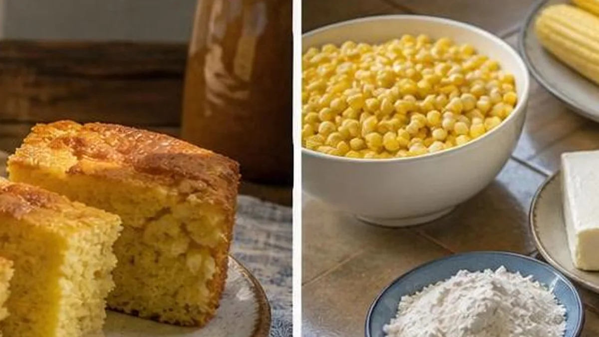 Ingredientes para pastel de elote con queso crema acomodados en cocina casera