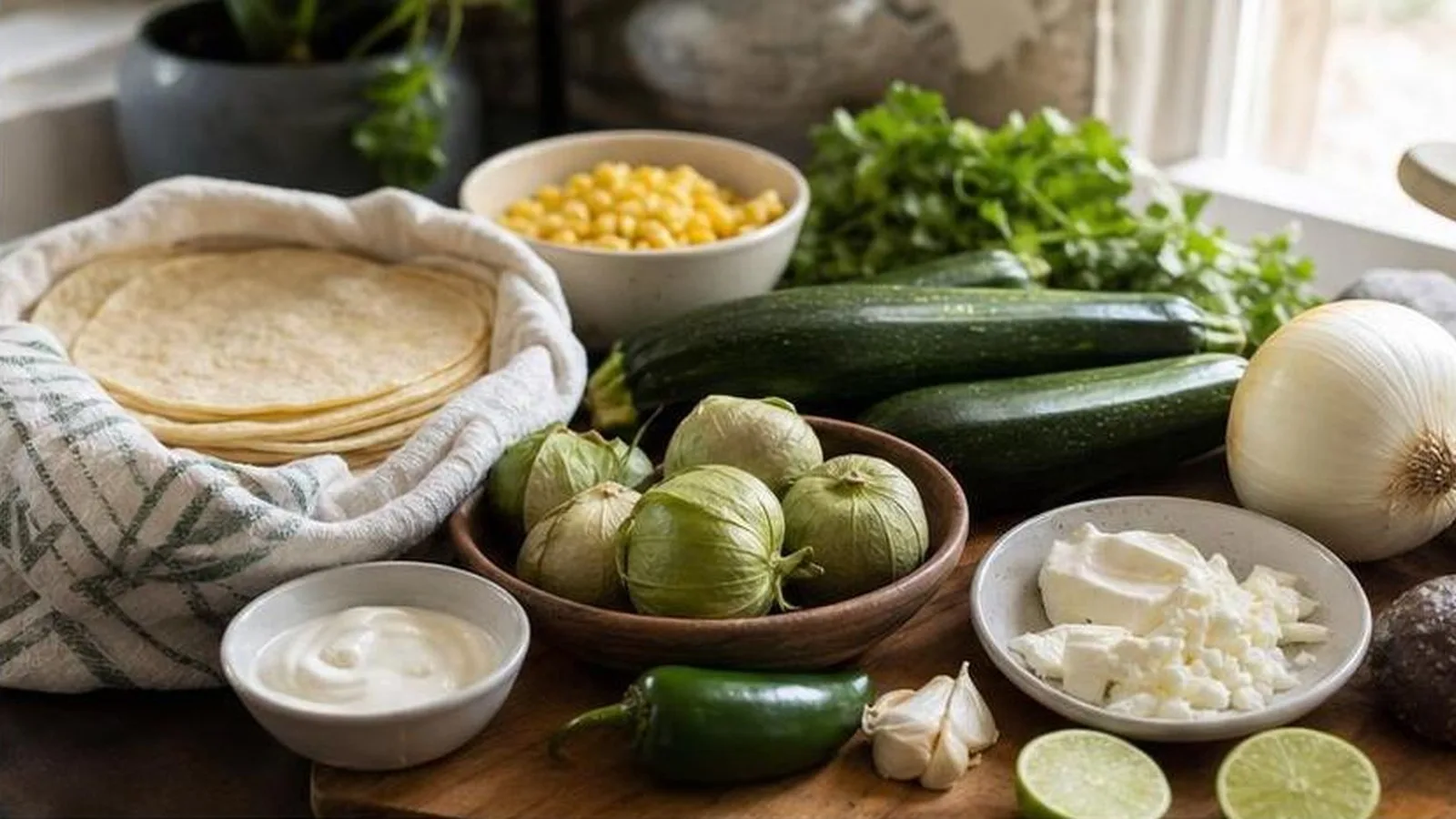 Ingredientes para enchiladas de calabacita y queso con tortillas, salsa verde, elote y cilantro en cocina casera