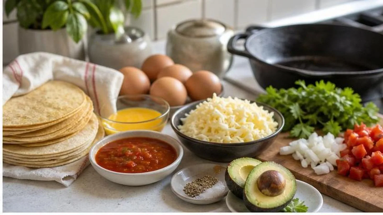Ingredientes para huevos con tortilla y queso acomodados en cocina casera