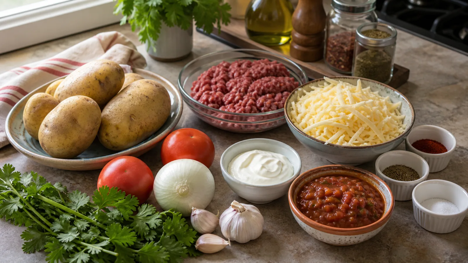 Ingredientes para papas rellenas de carne molida y queso en cocina casera