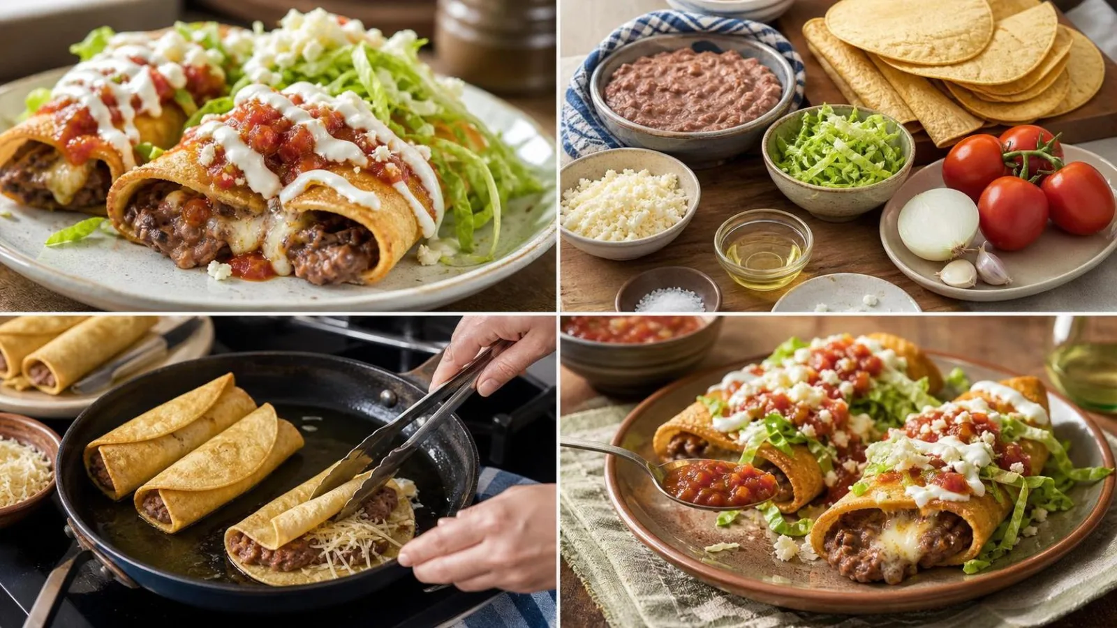 Ingredientes para tacos dorados de frijol con queso en una cocina casera