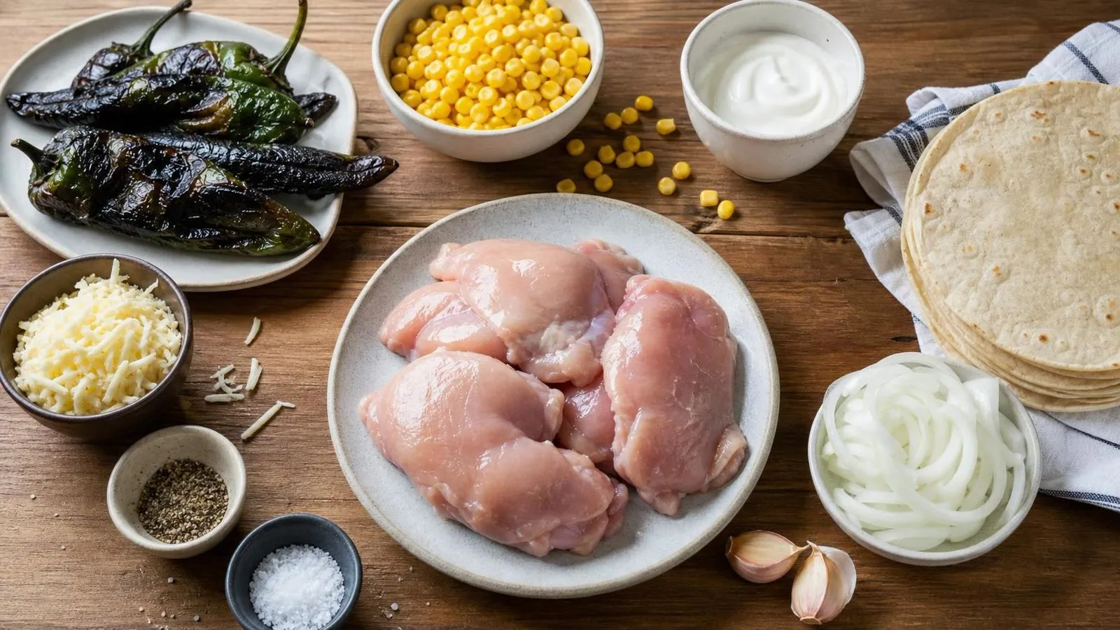 Ingredientes caseros para pollo cremoso con rajas y elote en una mesa de cocina