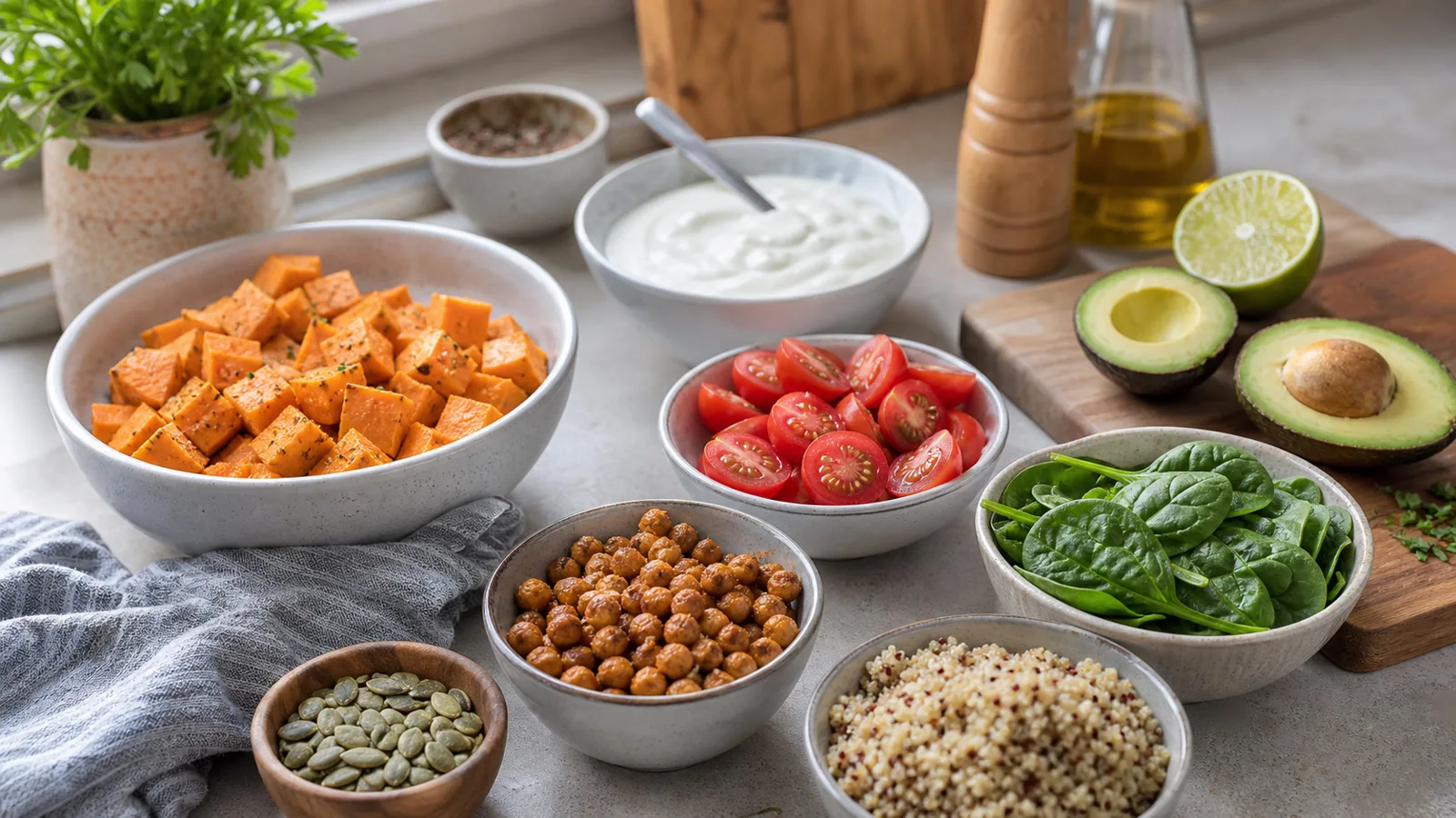 Ingredientes para bowl de camote, garbanzos, quinoa y aguacate en cocina casera