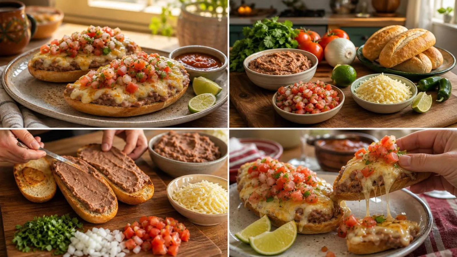 Ingredientes caseros para molletes de frijol con queso y pico de gallo