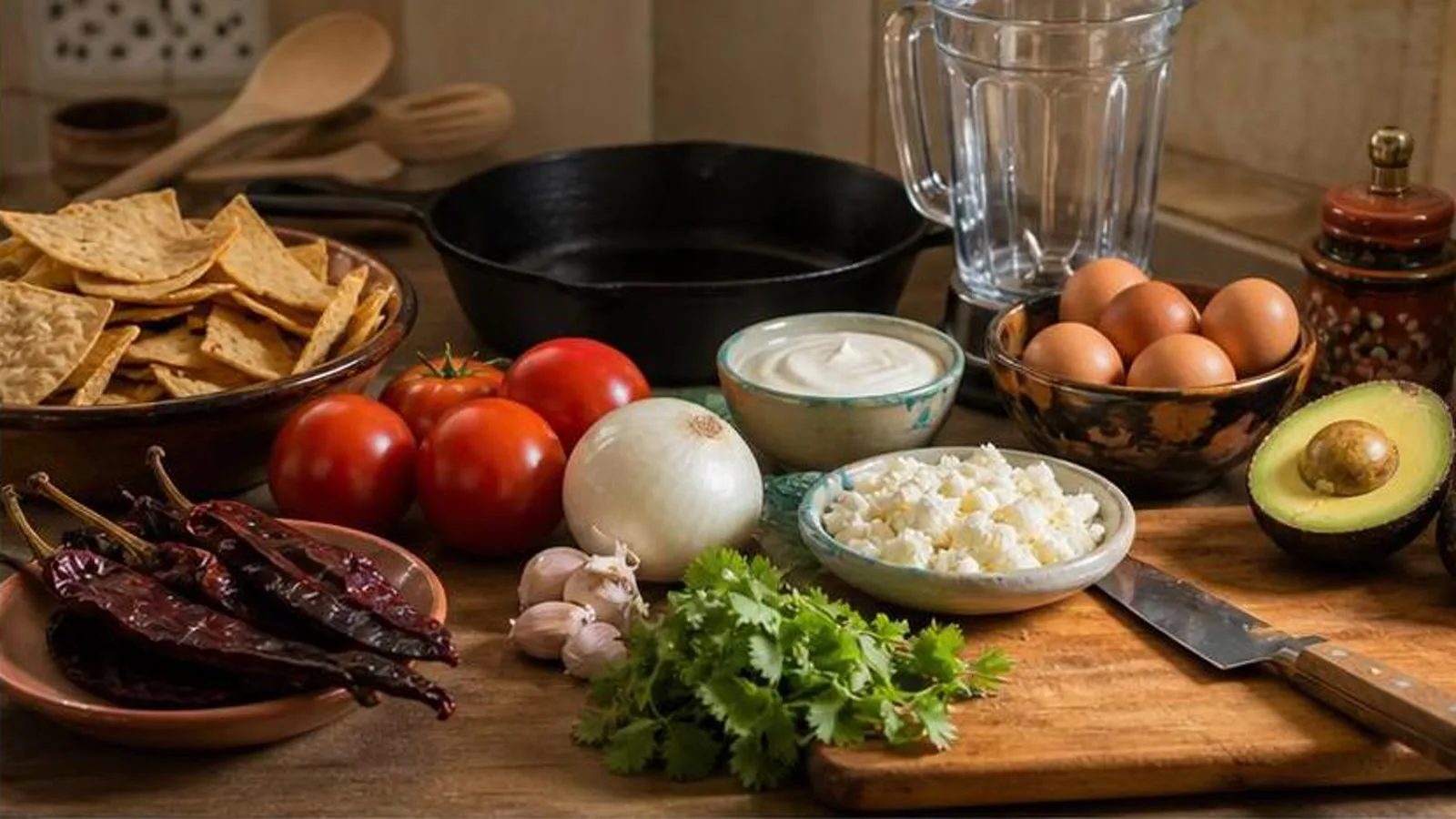 Ingredientes para chilaquiles rojos con huevo en cocina casera