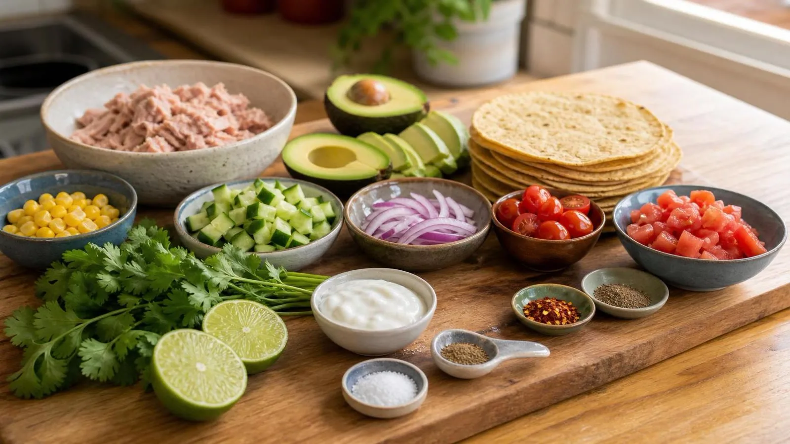 Ingredientes para tostadas horneadas de atun con aguacate y verduras en cocina casera