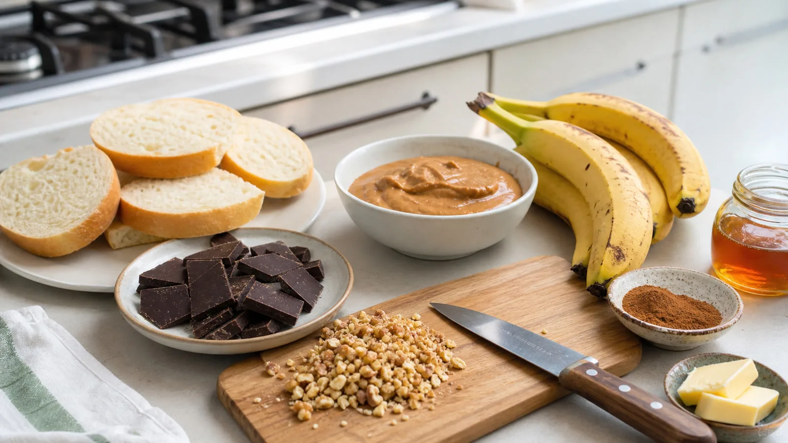 Ingredientes para molletes dulces de platano con crema de cacahuate y chocolate