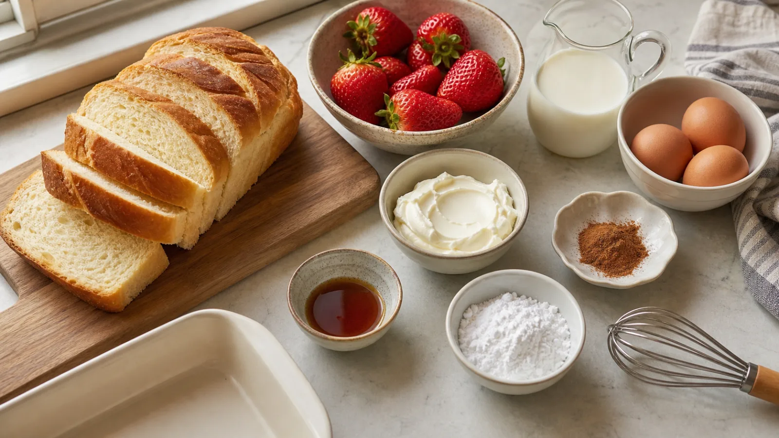 Ingredientes para pan frances relleno de queso crema y fresas