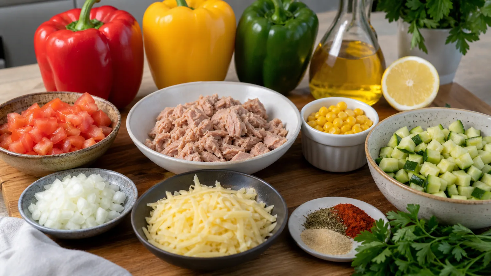 Ingredientes para pimientos rellenos de atun con verduras acomodados en cocina casera